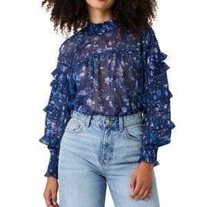 French Connection Anifrida Arica Pleat-Sleeve Top NWT Blue Med